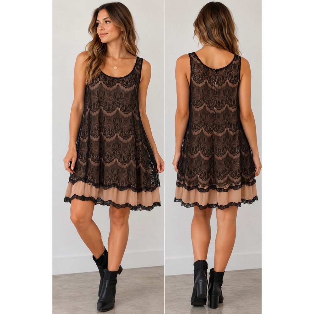Fossil Black Lace Mini Dress M Nude Lined Sleeveless Romantic Whimsigoth Y2K